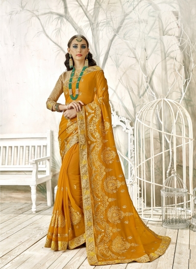 Yellow designer fancy party wear saree 90006