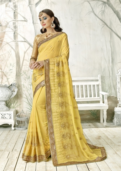 Pale yellow designer fancy party wear saree 90008