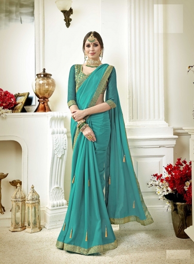 Sea blue designer fancy party wear saree 3711
