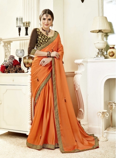 Orange brown designer fancy party wear saree 3712