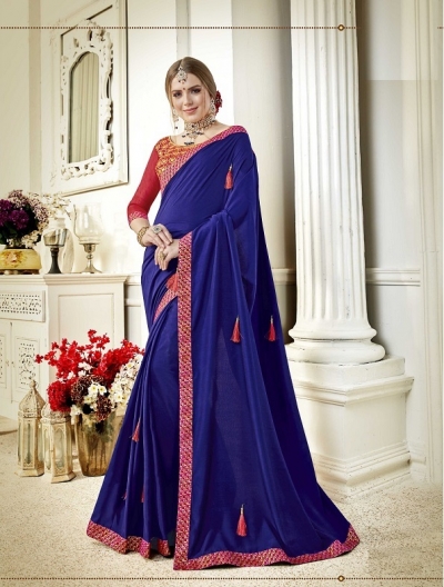 Royal blue and red designer fancy party wear saree 3713