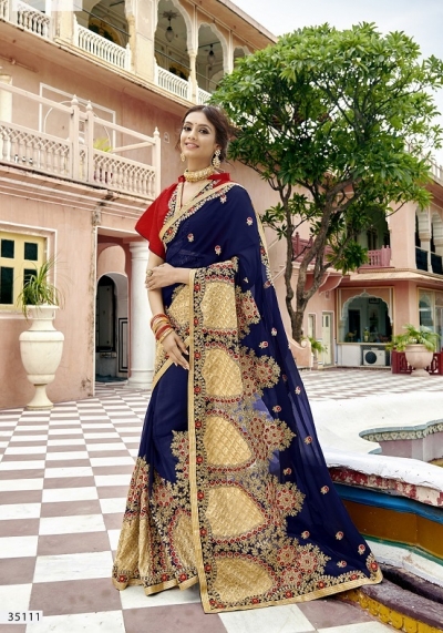 Red and blue designer Indian party wear saree 35111