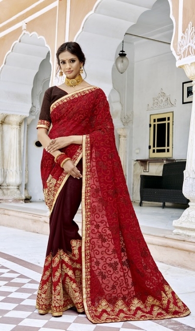 Red and brown designer Indian party wear saree 35112