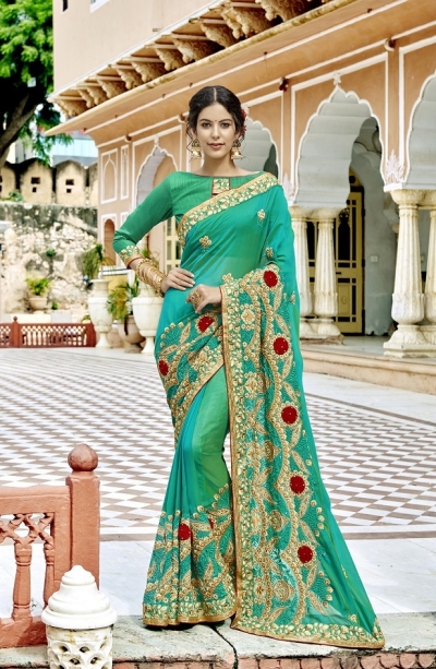 Turquoise designer Indian party wear saree 35116
