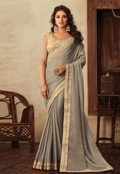 Gray georgette party wear saree V3909