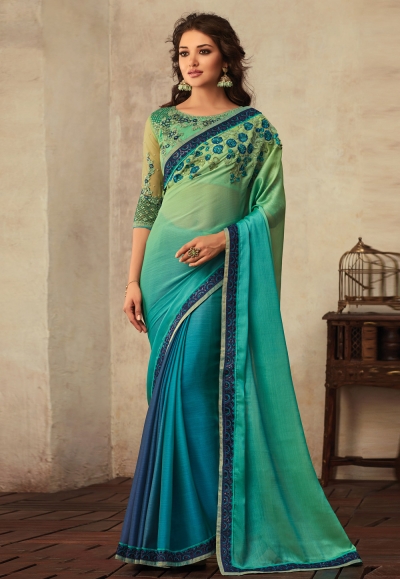 Sea green chiffon saree with blouse V3902