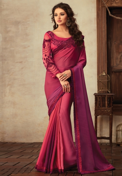 Pink chiffon saree with blouse V3904