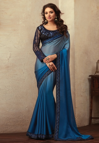 Blue chiffon festival wear saree V3905