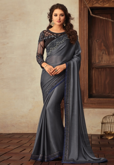 Dark gray georgette saree with blouse V3911