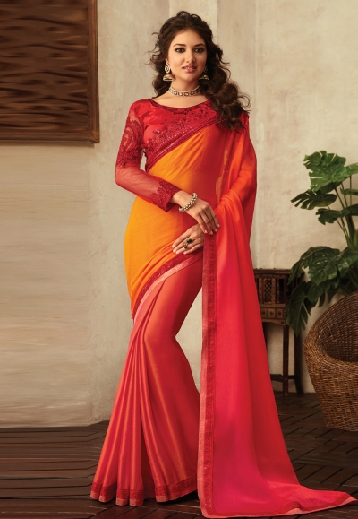 Orange chiffon festival wear saree V3903