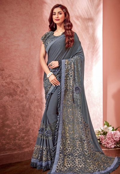 Gray lycra raffle border party wear saree 10805