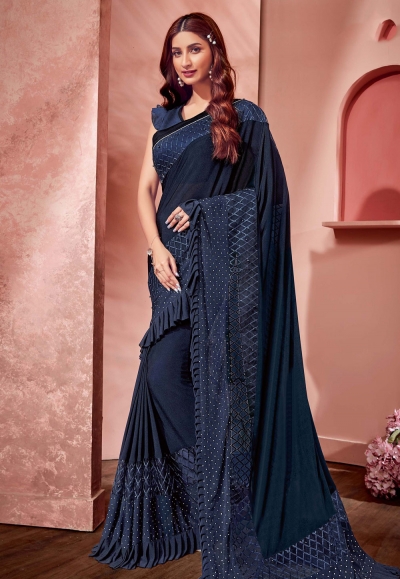 Navy blue lycra ruffle border party wear saree 10814