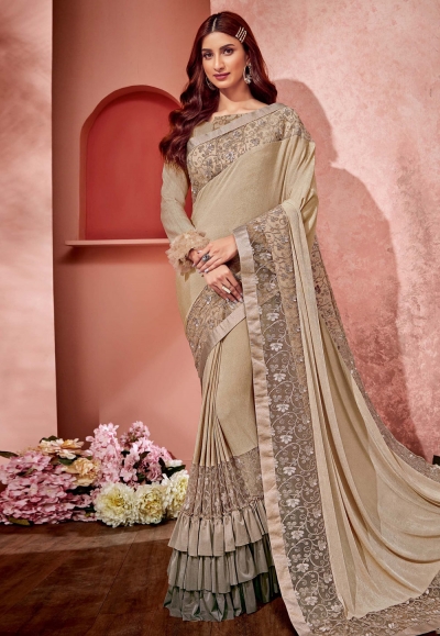 Beige lycra frilled festival wear saree 10807