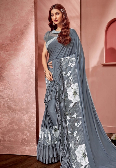 Gray lycra ruffle border saree with blouse 10812