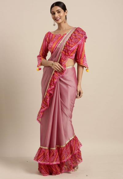 Pink chiffon ruffle border festival wear saree 60837