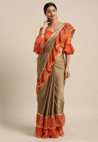 Brown chiffon ruffle border saree with blouse 60840