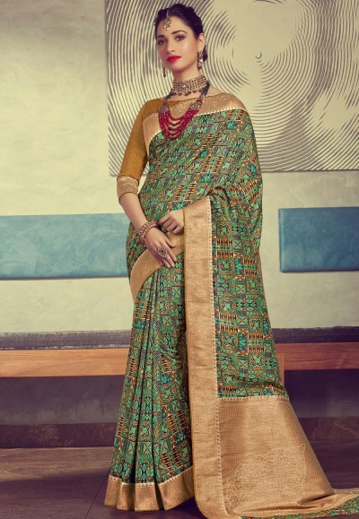 Tamannaah bhatia green crepe printed festival wear saree 65926