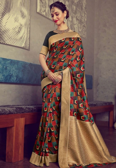 Tamannaah bhatia brown crepe printed saree with blouse 65933
