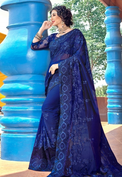 Blue georgette embroidered saree with blouse PRP5261