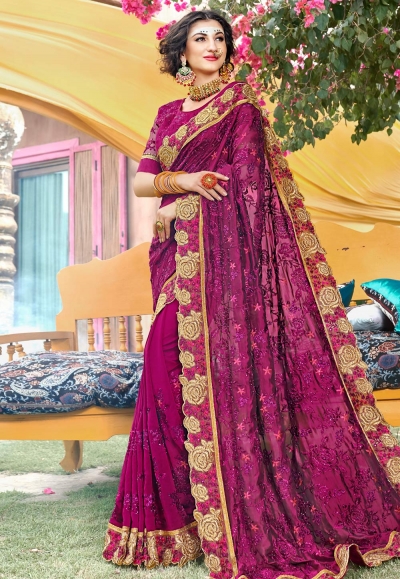 Magenta georgette embroidered festival wear saree PRP5264