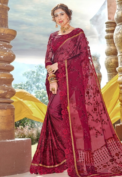 Maroon georgette embroidered saree with blouse PRP5265