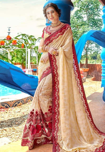 Cream georgette embroidered festival wear saree PRP5266