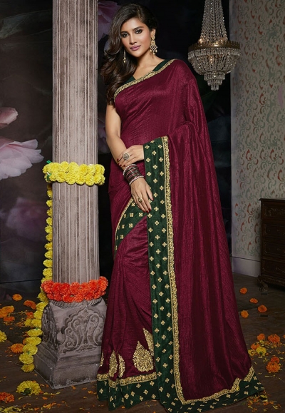 Maroon silk embroidered party wear saree 809