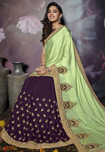 Light green silk embroidered half and half saree 803