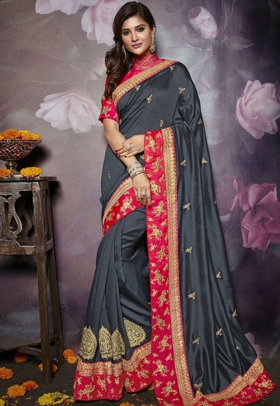 Gray silk embroidered party wear saree 808