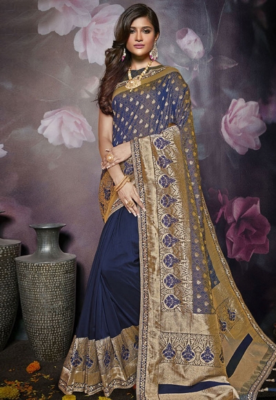 Navy blue silk embroidered party wear saree 819