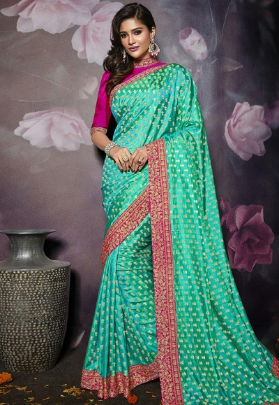 Aqua silk embroidered festival wear saree 804