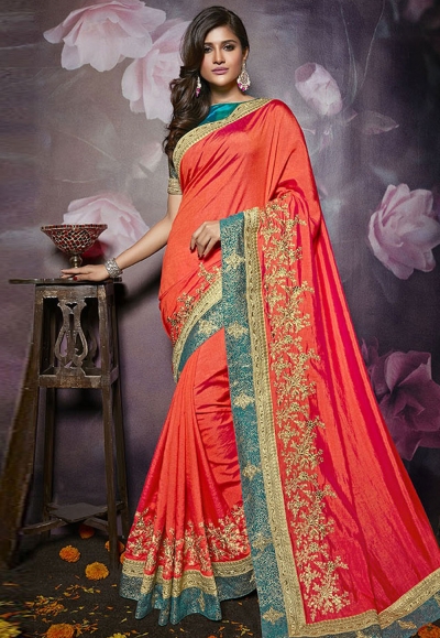 Orange silk embroidered festival wear saree 810