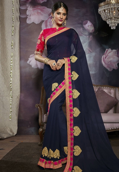 Navy blue silk embroidered festival wear saree 814