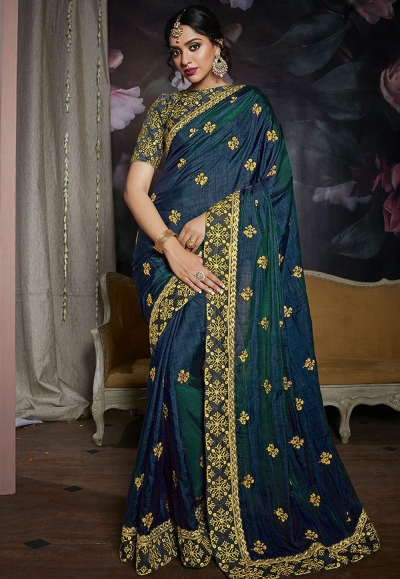 Blue silk embroidered saree with blouse 817