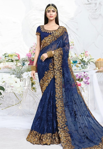 Blue net embroidered saree with blouse 2796