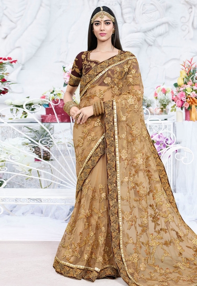 Beige net embroidered saree with blouse 2798