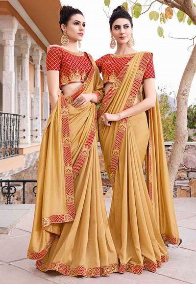 Beige silk embroidered festival wear saree 35862