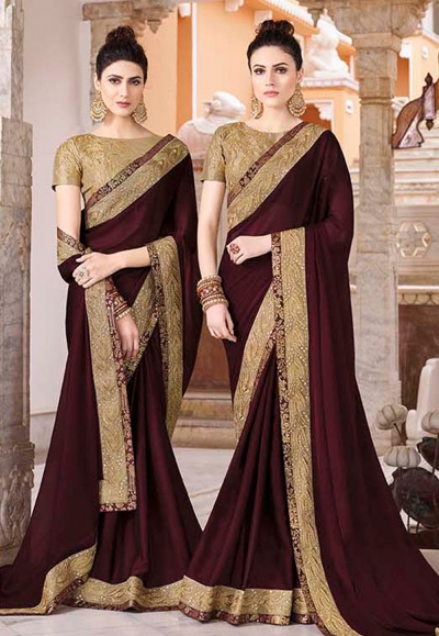 Wine silk embroidered saree with blouse 35865