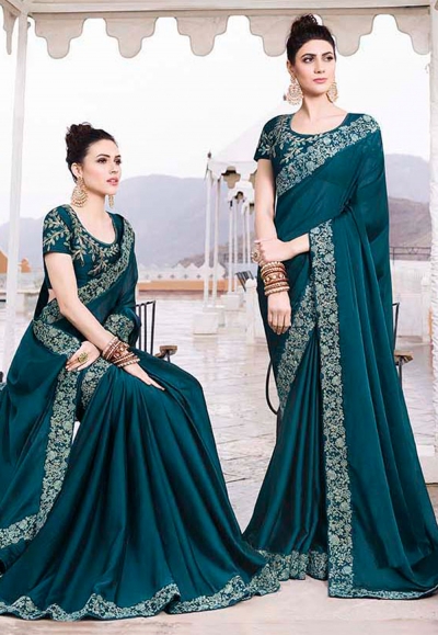 Blue silk embroidered festival wear saree 35866
