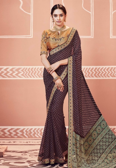 Brown georgette bandhej saree with blouse 2141