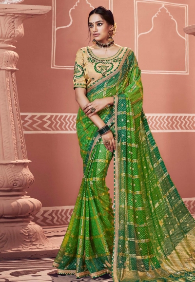 Green georgette bandhej festival wear saree 2136