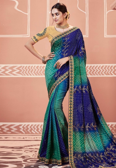 Blue georgette bandhej saree with blouse 2139