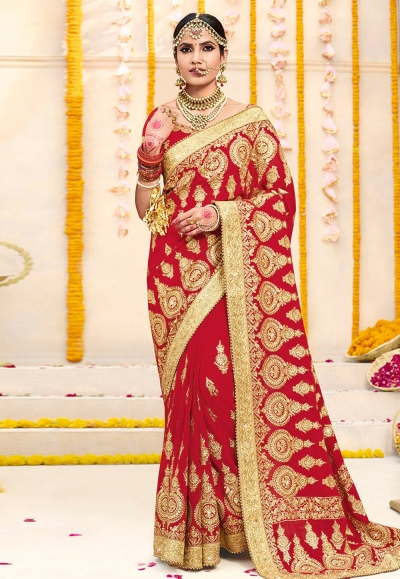 Red georgette stone work bridal wear saree 2780