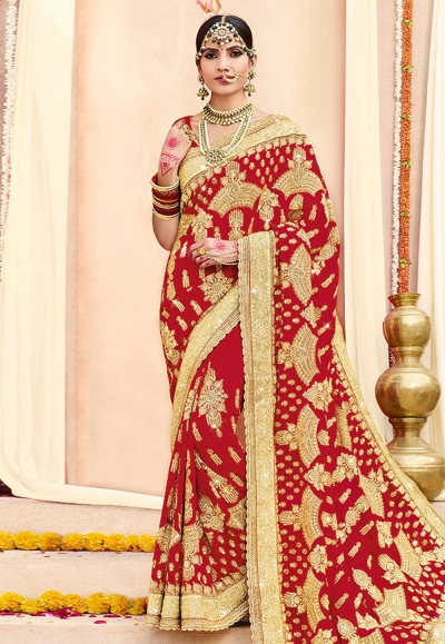 Red georgette embroidered bridal wear saree 2775