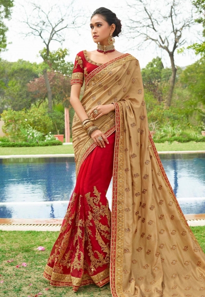 Beige art silk embroidered half and half saree 3029