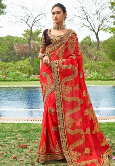 Red art silk embroidered saree with blouse 3026