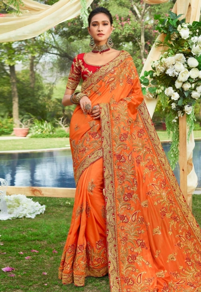 Orange art silk embroidered festival wear saree 3021