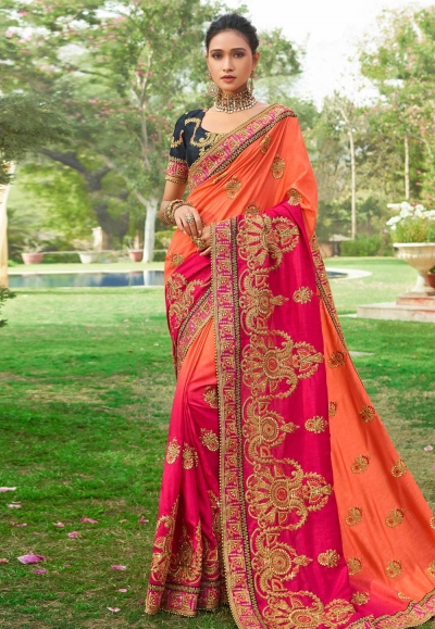 Orange art silk embroidered saree with blouse 3031