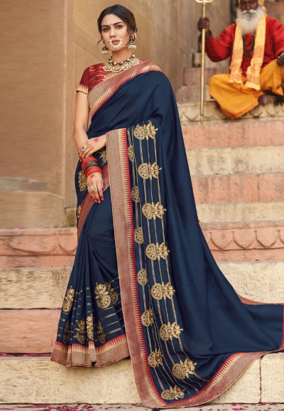Navy blue satin embroidered saree with blouse 1022