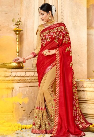 Red georgette embroidered half and half saree 3977